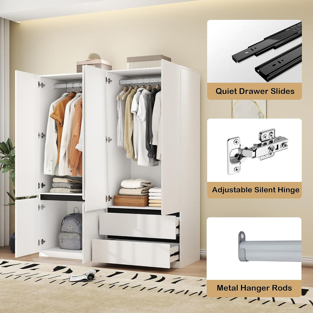Wardrobe Closet with 4 Doors: 75" White Armoire with 2 Drawers, Wooden W...