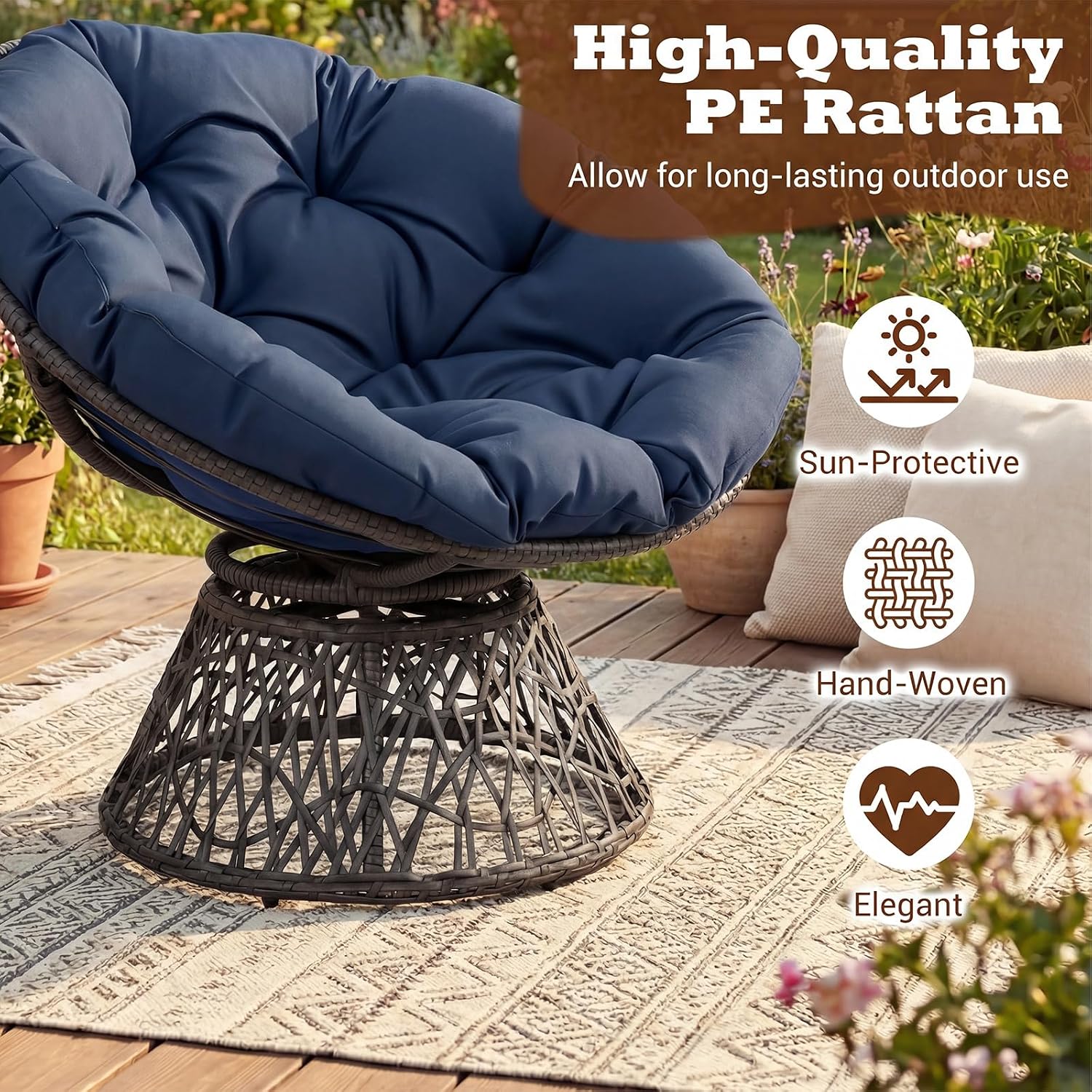 Giantex Wicker Papasan Chair with Soft Thick Cushion and High Capacity Metal Frame, 360° Swivel Ergonomic Lounge Reading Chair for Living Room, Bedroom, Patio, Indoor Outdoor Use (Navy Blue)