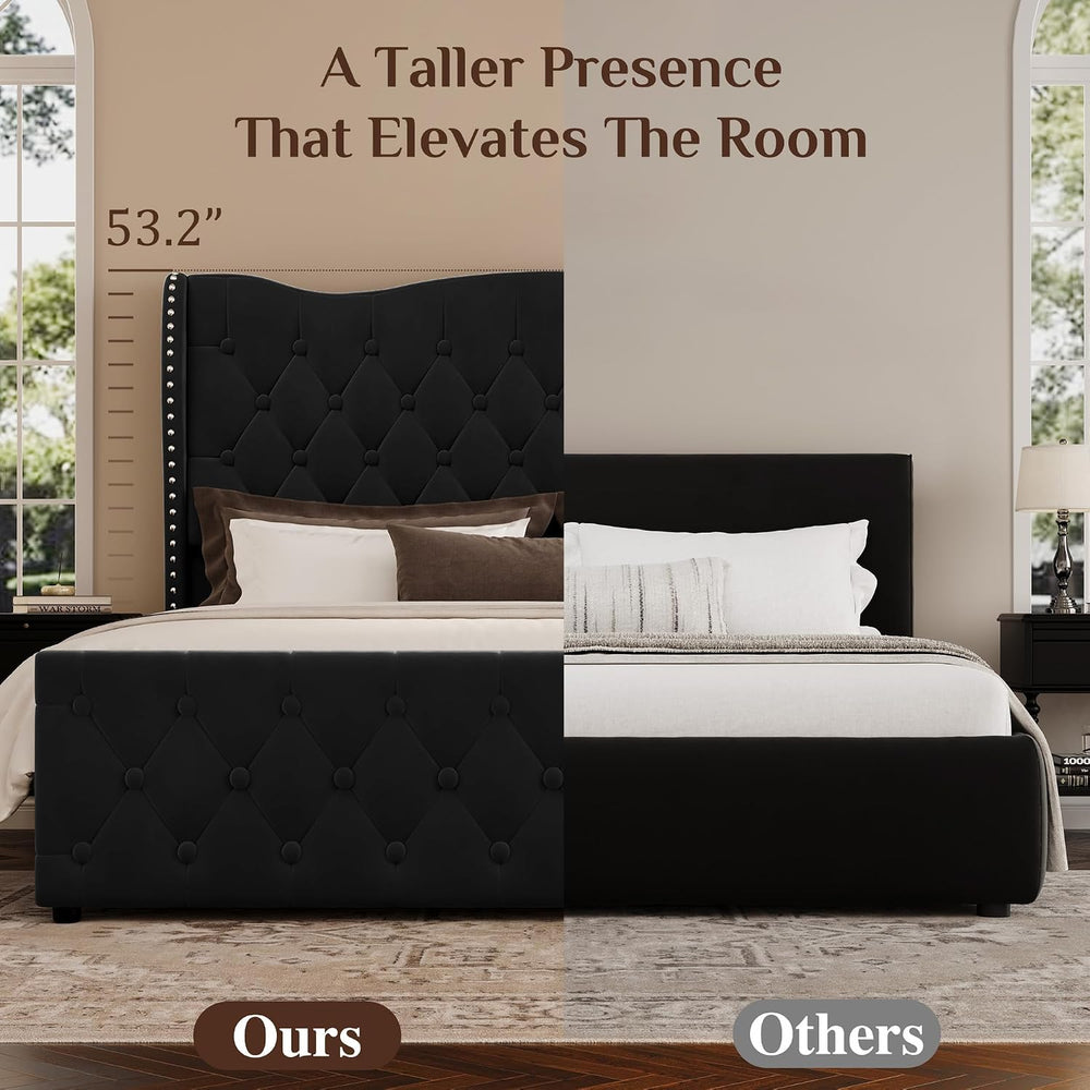 King Size Bed Frame with 53.15" High Crown Headboard, Black