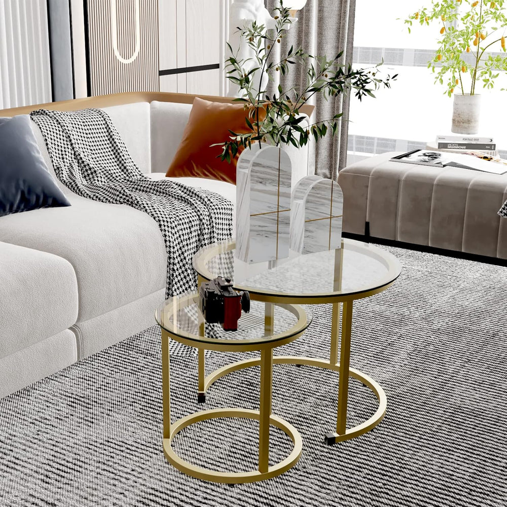aboxoo Gold Nesting Coffee Table Set of 2, Small Glass Round Nesting Tables f...