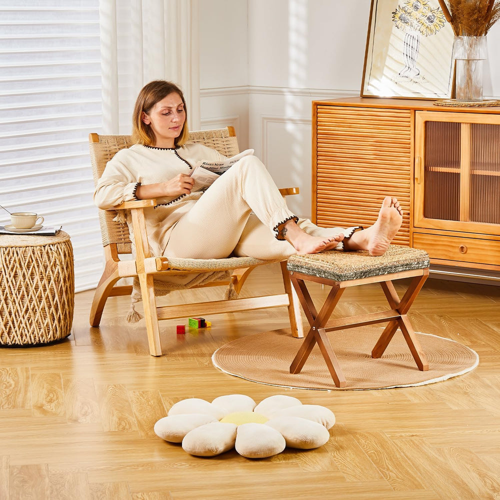 Natural Seagrass Ottoman Footstool with Wooden Legs – Handwoven Rectangular F...