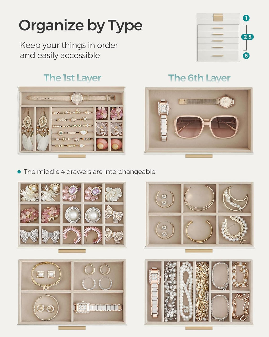 SONGMICS Jewelry Box Organizer with Glass Lid, 6-Layer Jewelry Storage, with 5 Drawers, Modern Style, Christmas Gift, 6.4 x 9.9 x 11.4 Inches, Cloud White and Gold Color UJBC171W01