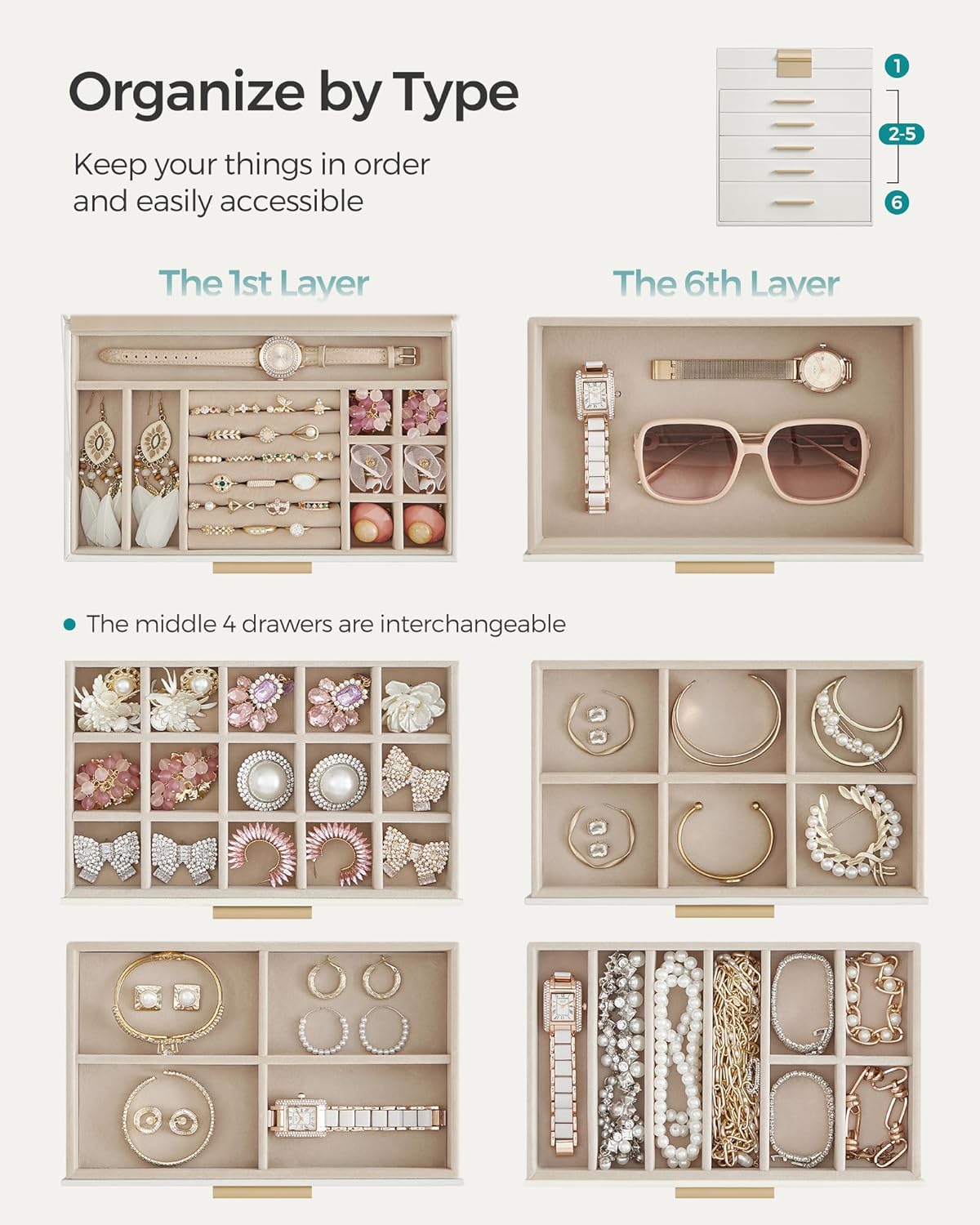 SONGMICS Jewelry Box Organizer with Glass Lid, 6-Layer Jewelry Storage, with 5 Drawers, Modern Style, Christmas Gift, 6.4 x 9.9 x 11.4 Inches, Cloud White and Gold Color UJBC171W01