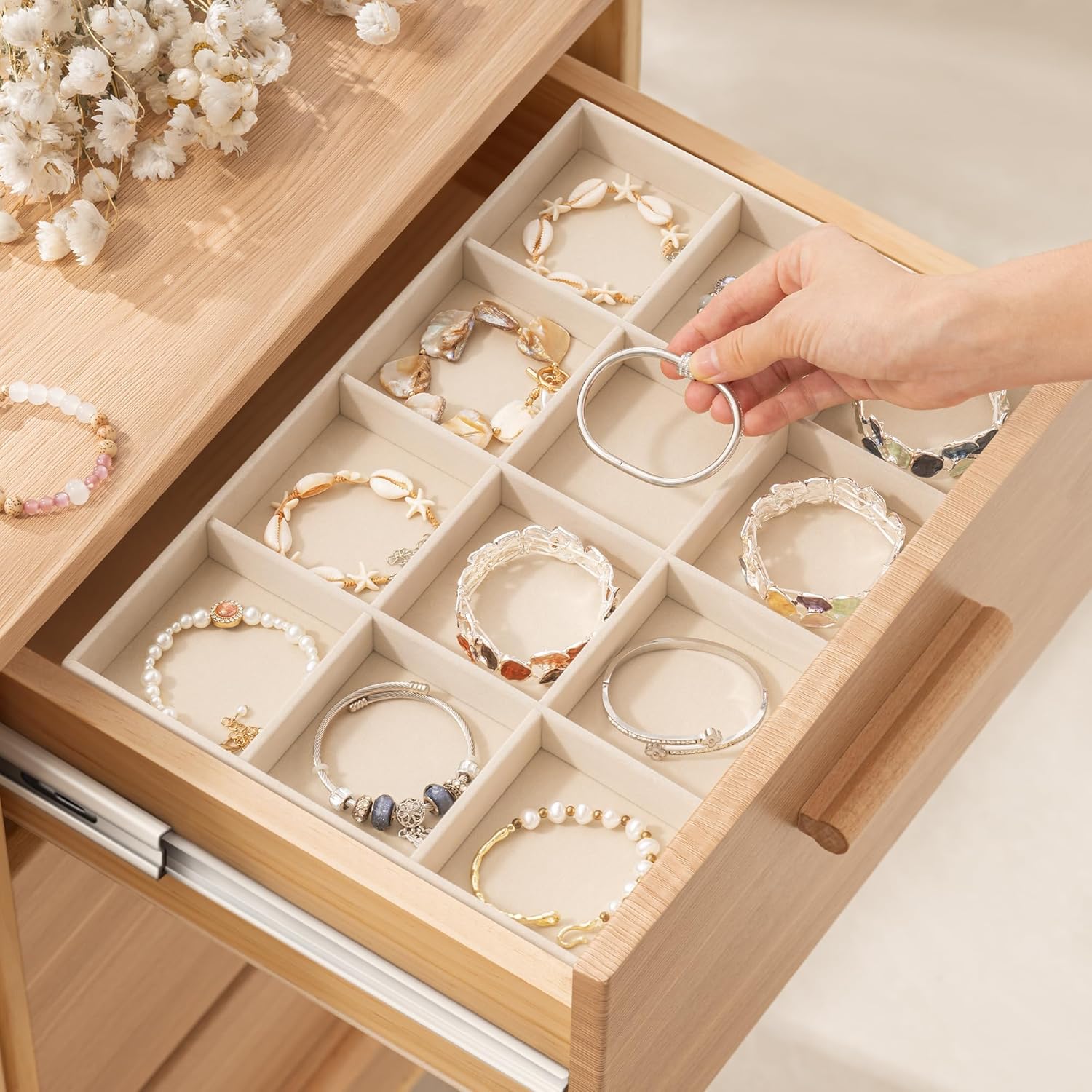 pickpiff Drawer Jewelry Organizer & Display Trays: 2pcs 12grid Velvet Stackable Jewelry Case (13.8x9.4x1.2inch) - Soft Beige Necklace Holder Bracelet Display Watch Box
