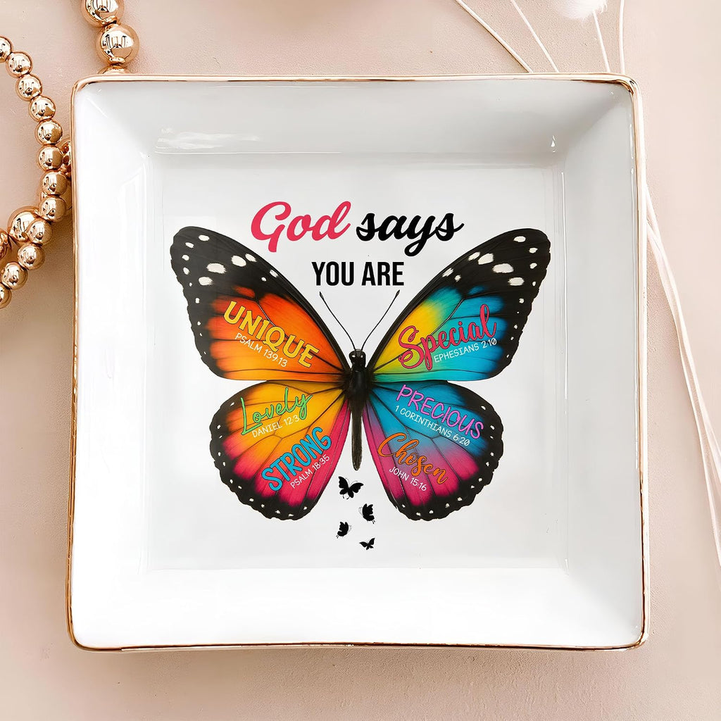 Christian Bible Verse Jewelry Dish Gift for Women, Butterfly Religious 4" Ceramic Jewelry Tray, Christian Gifts for Mom, Daughter, Friends - Birthday, Confirmation, Catholic Gift for Her, Teen Girls