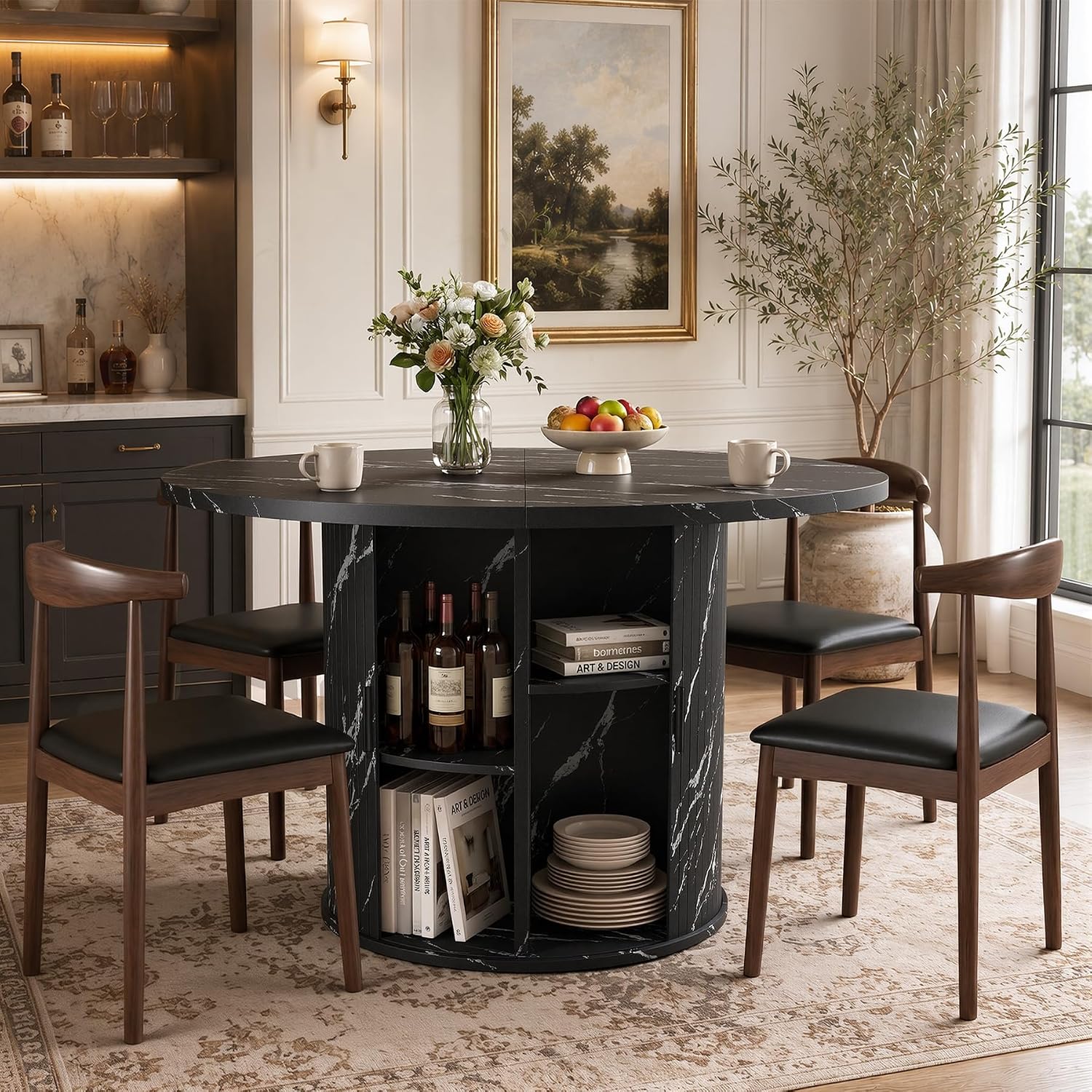 Nalupatio 47 Inch Round Dining Table for 4, Modern Farmhouse Kitchen Table with Half-Open Storage Shelf & Sliding Door, Circle Dinner Table for Dining Room, Black Faux Marble