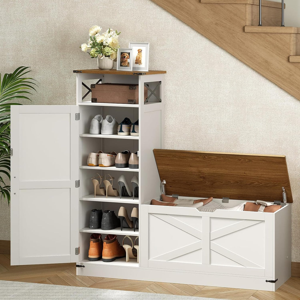 Shoe Cabinet with Bench, L-Shaped Shoe Bench, Storage Bench, Farmhouse Shoe Storage Cabinet with Adjustable Shelves, for Entryway, Living Room, and Stairwell, White and Walnut