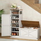 Shoe Cabinet with Bench, L-Shaped Shoe Bench, Storage Bench, Farmhouse Shoe Storage Cabinet with Adjustable Shelves, for Entryway, Living Room, and Stairwell, White and Walnut