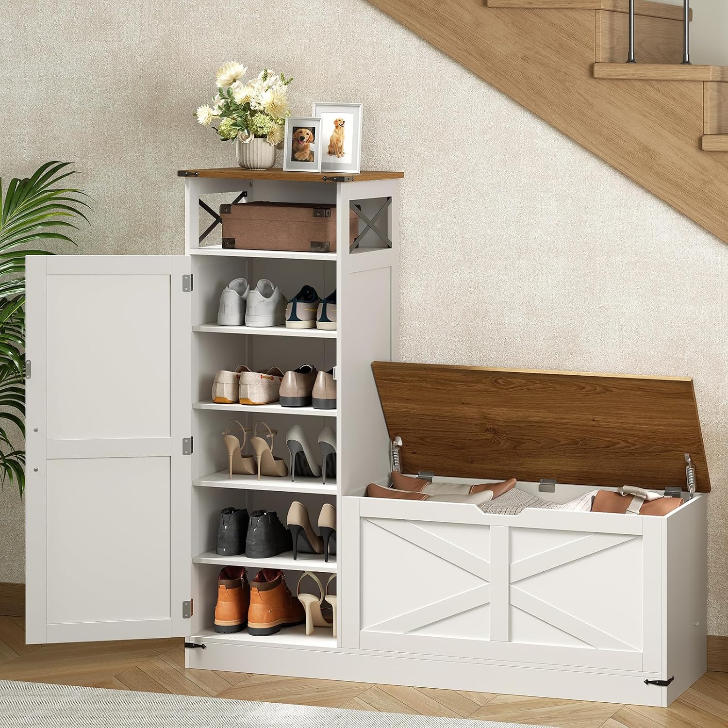 Shoe Cabinet with Bench, L-Shaped Shoe Bench, Storage Bench, Farmhouse Shoe Storage Cabinet with Adjustable Shelves, for Entryway, Living Room, and Stairwell, White and Walnut