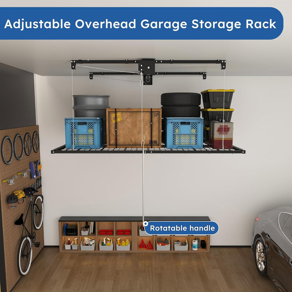 Montary 5x9 FT Overhead Garage Storage Rack for 10-12 FT Ceiling, Adjustable Ceiling Lifting Storage Rack with Safety Lock, 400LBS Capacity All-Steel Construction Heavy-Duty Garage Organizer Rack