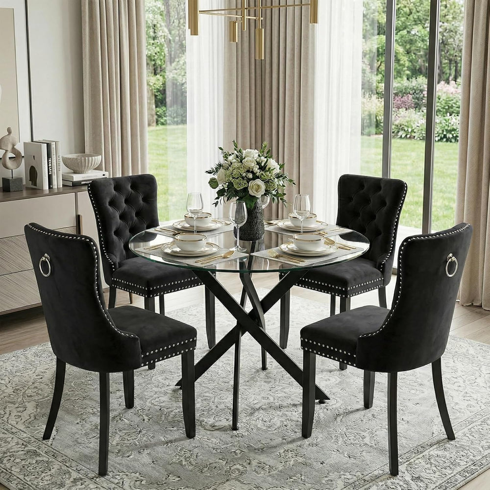 Dining Table Set for 4, Round Glass Kitchen Table with 4 Black Upholstered Ve...
