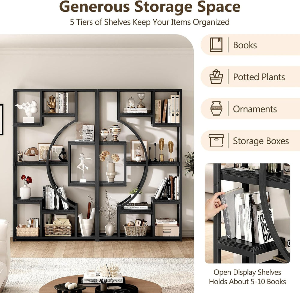 LGHM Bookshelf Set of 2 with Metal Frame, 5 Tier Geometric Bookcase, Adjustab...
