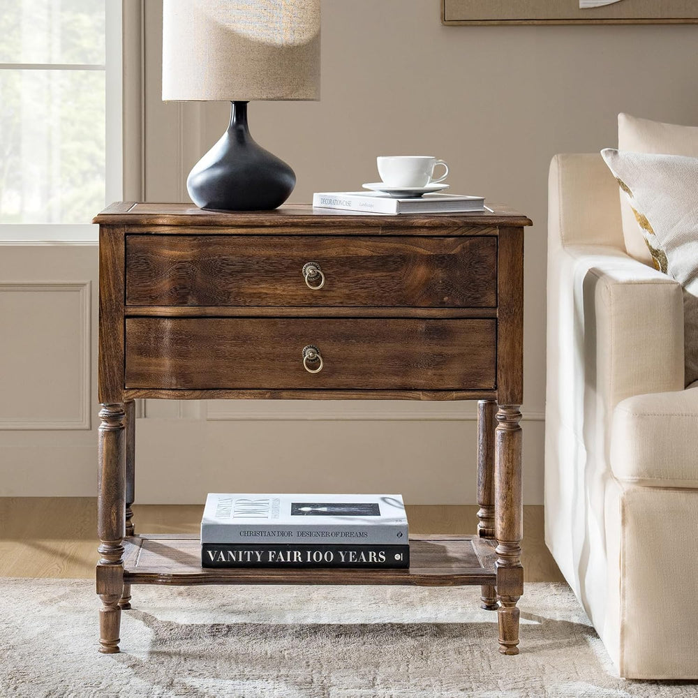 HULALA HOME End Table with Charging Station, Solid Wood Side Table with 2 Dra...
