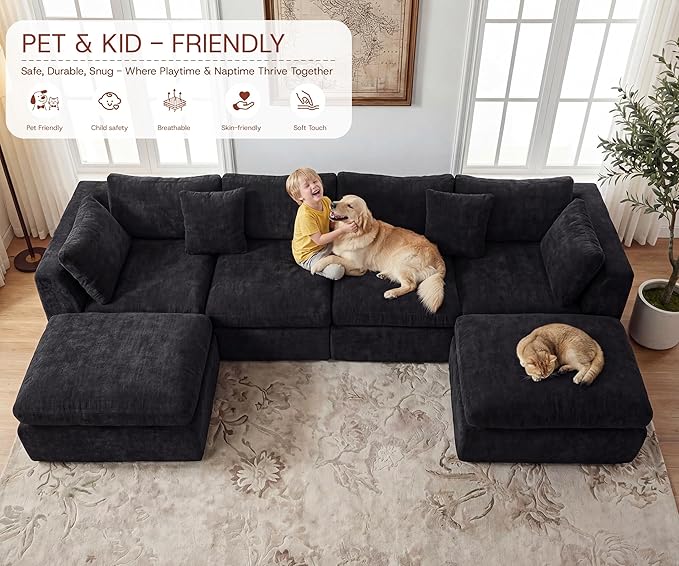 141'' Oversized Cloud Sectional Boneless Couch for Living Room, Modern Big Compressed U Shape Couch with 2 Ottoman 2 Throw Pillows, Comfy Chenille Deep Seat Memory Foam Spineless 6 Seater Sofa,Black | No Assembly Needed, Premium Chenille, Flexible Modu...
