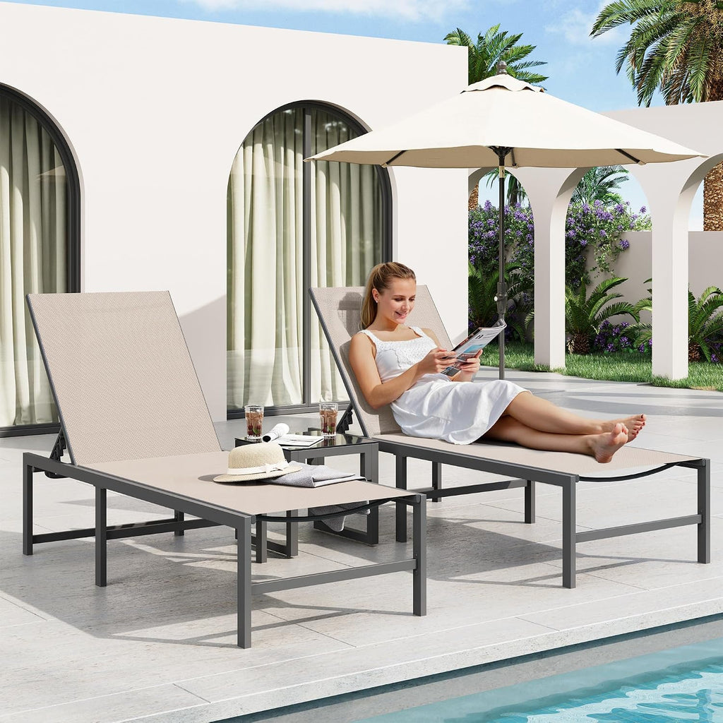 Amopatio Patio Lounge Chair Outdoor Chaise Lounge Set of 2 for Pool | with Side Table Weather Resistant 5-Position Adjustable Backrest Heavy Duty Steel Frame 400 LBS Capacity;Khaki