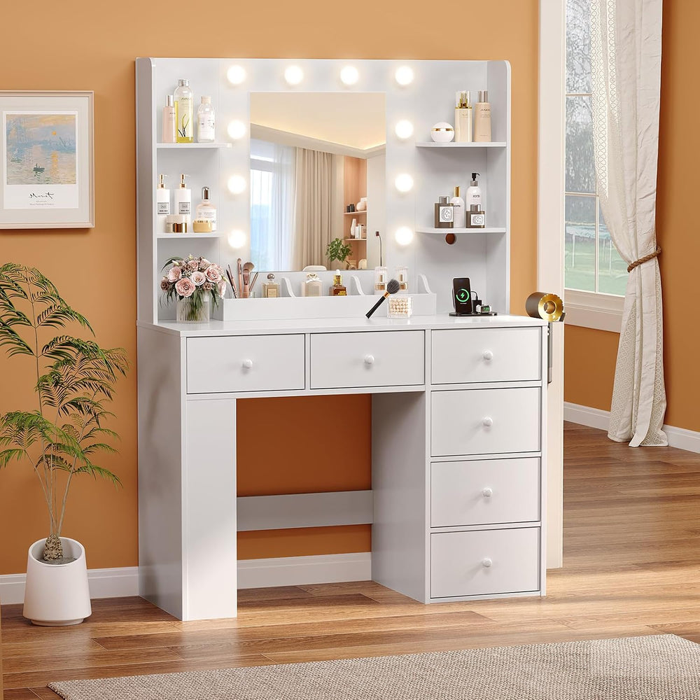 VINGLI Vanity Desk with Mirror and Lights, Makeup Vanity Table w/ 6 Storage D...
