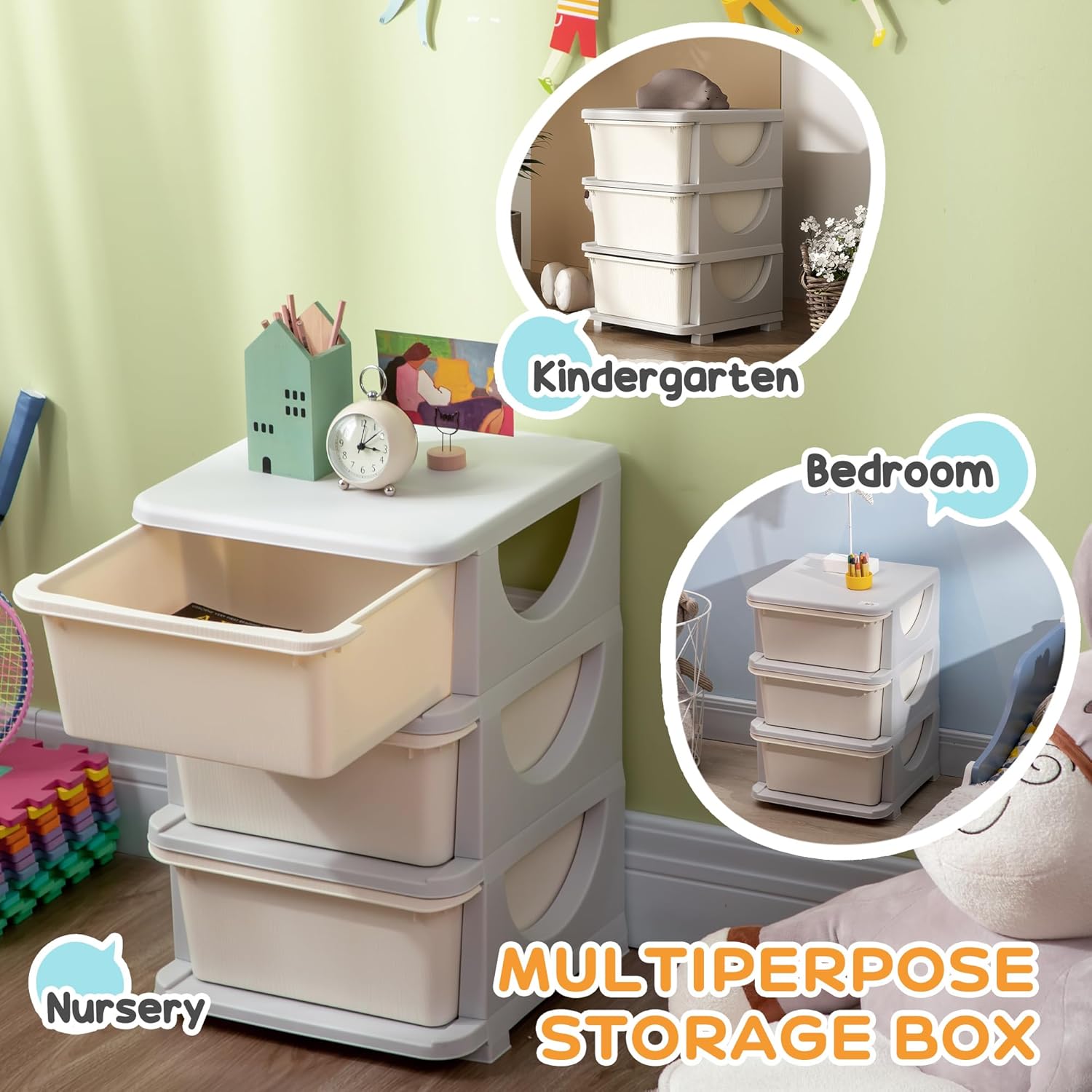 Qaba 3 Tier Kids Storage Unit, 3 Drawer Chest Toy Organizer Plastic Bins for Kids Bedroom Nursery Kindergarten Living Room for Boys Girls Toddlers, Cream White