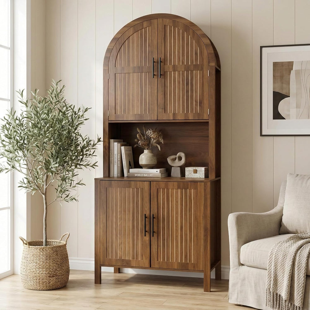 76" Tall Arched Kitchen Pantry, Large Kitchen Storage Cabinet with Flute...