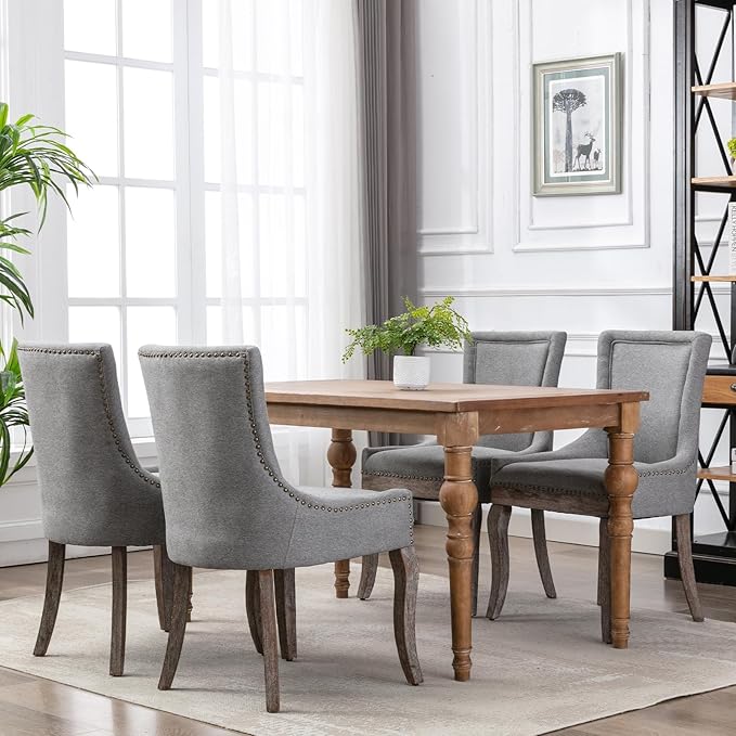 Modern Dining Chairs Set of 4, High Back Dining Chairs Side Chairs with Solid Wood Legs, Upholstered Fabric Dining Room Chairs for Dining Room Kitchen, Grey