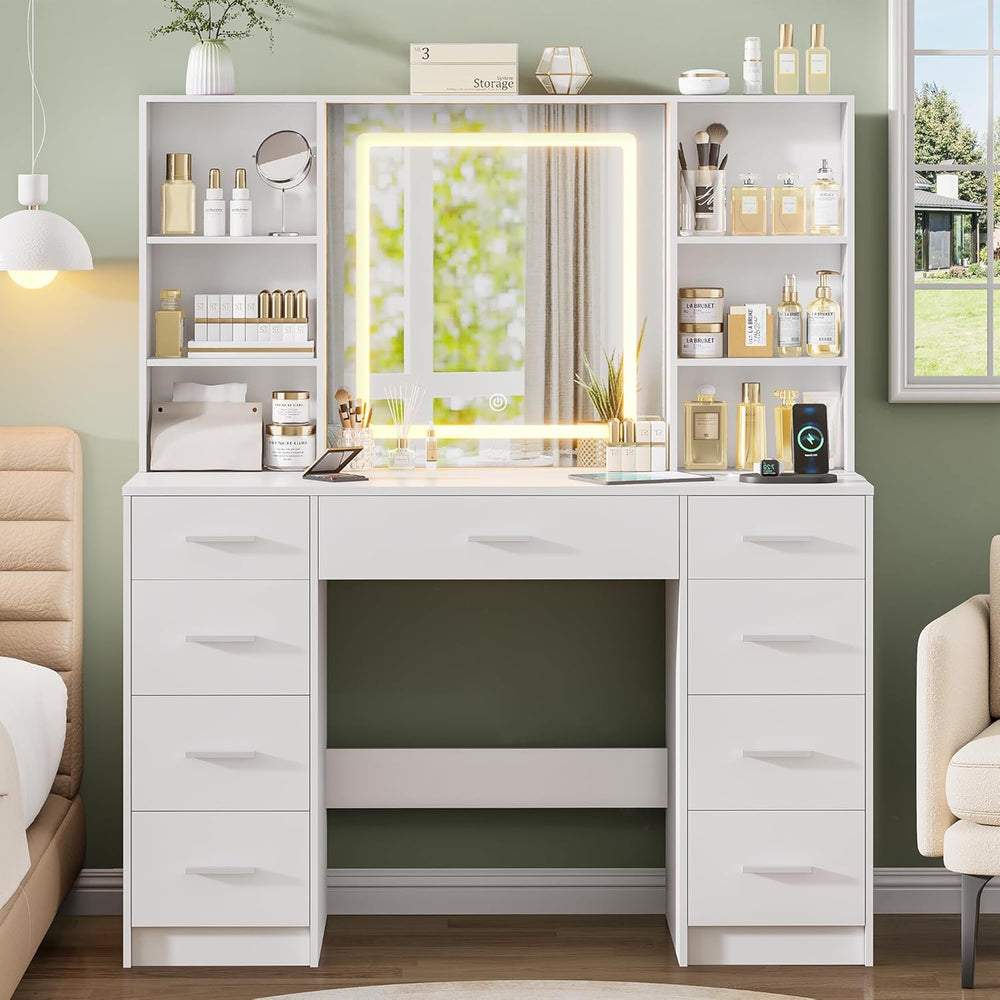 Vanity Desk with Mirror and Lights, Makeup Vanity Desk with 9 Drawers & 6...
