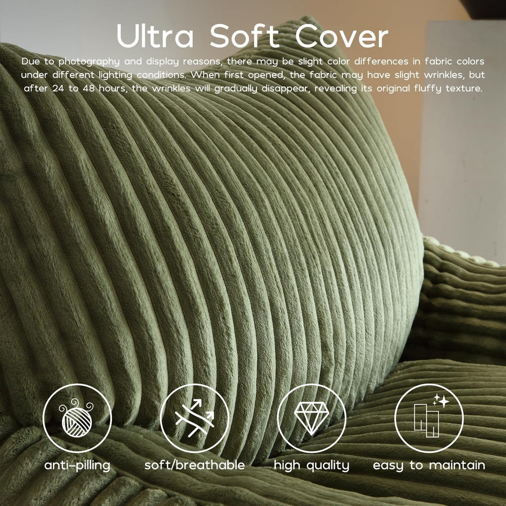 Green Corduroy Bean Bags Chairs for Adults, Big Ultra Soft Beanbag Sofa | 30 lbs Filler Foam| Armrests & Back Support| Vacuum-Compressed| For Reading, Gaming, Bedroom, Living Room, Dorm| For teens