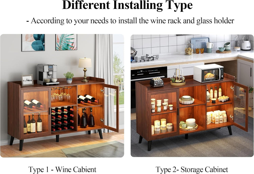 Wine Bar Cabinet with Led Light, Home Coffee Cabinet with Wine & Glass Rack | Kitchen Buffet Sideboard with Storage Shelves, Freestanding Liquor Cabinet for Living Room, Dining Room (Walnut)