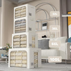 FHSQX 2 Pack Clear Window Storage Bins Large Stackable Linen Fabric Storage for Clothes Foldable Container Organizer Set with Carrying Handles (Lvory White, 19.7x 15.7x 12.6 Inch)