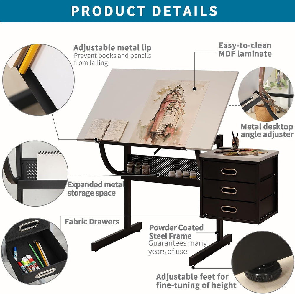 Drafting Table with Storage, Adjustable Art Desk & Art Table with Stool, ...