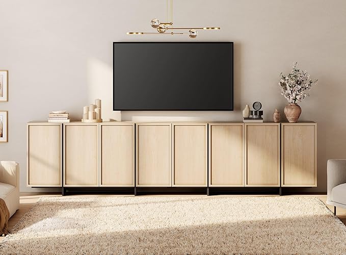 WAMPAT Multifunctional TV Stand for 32-110 Inch TVs, Modern TV Console Entertainment Center with T-Shaped Legs, Media Console Table for Living Room, Bedroom, Light Oak