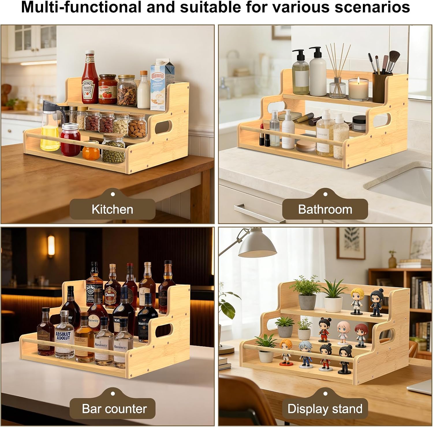Bamboo Liquor Bottle Display Shelf, 3 Step Countertop Wine Rack, Bar Bottle Stand with Handles & Guardrail, Retro Mini Display Rack for Syrup, Wine, Dressing, Home Kitchen Cafe, Natural