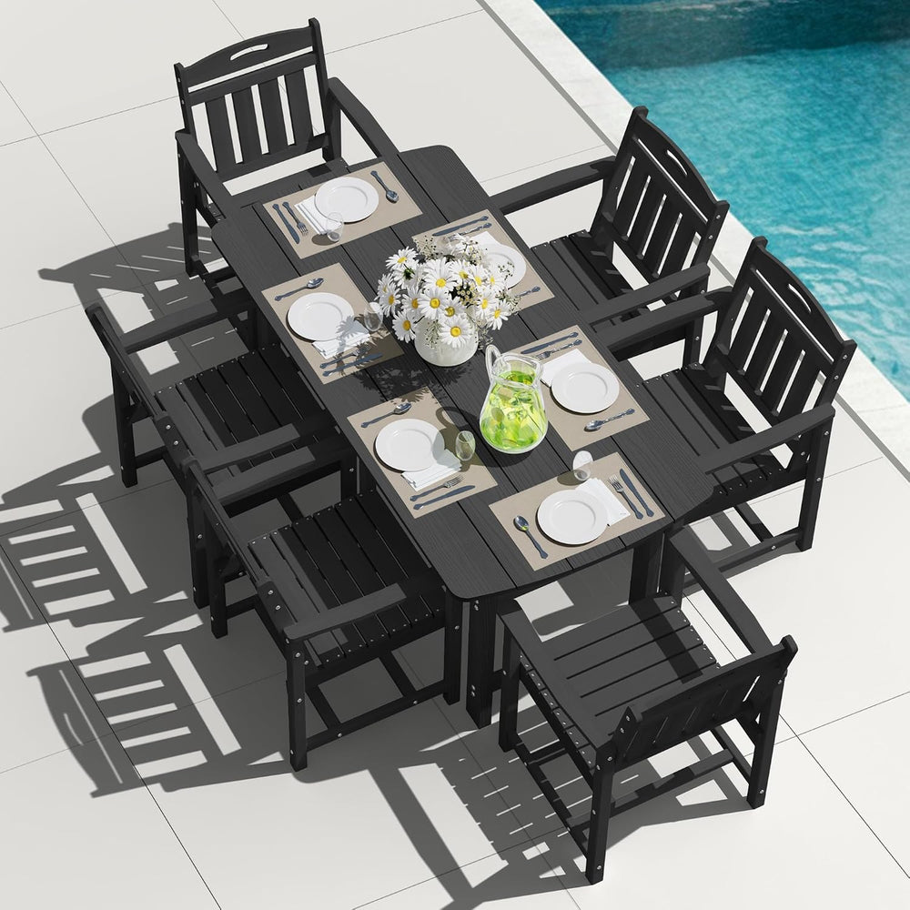 HDPE Outdoor Dining Set, Patio Table and 6 Chairs, 2" Umbrella Hole, Black