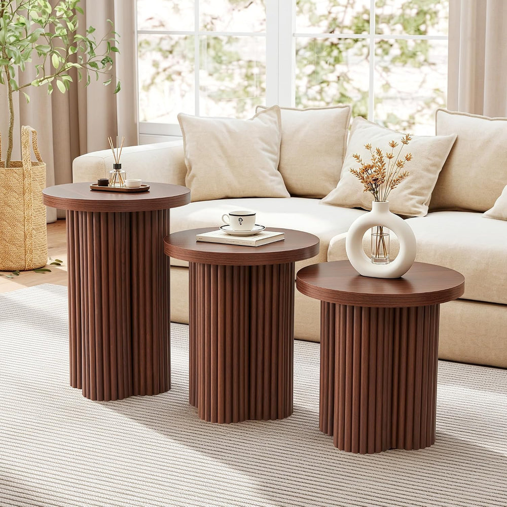 Nesting Coffee Table Set of 3, Fluted Round Nesting Tables Mid Century Modern...