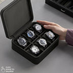 TAWBURY Watch Case - 6 Slot Genuine Top-Grain Leather Watch Box for Men & Women with Extra Wide Pillows for Large Watches - Portable Wristwatch Storage for Home & Travel (Black)
