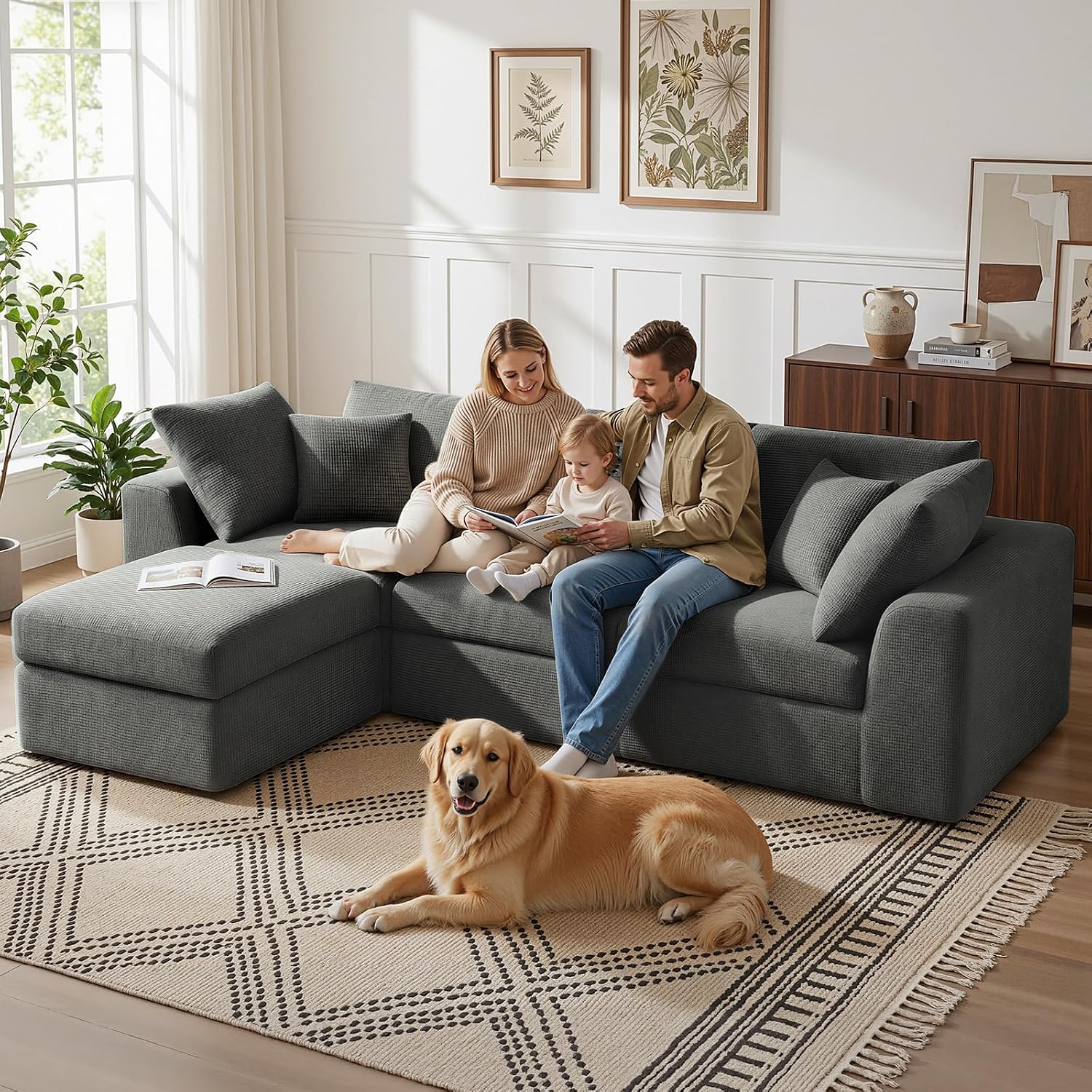 Benazcap 110'' Cloud Couch, L-Shaped Boneless Couch, Dark Grey | 3-Seat Sectional Couches for Living Room, Modular Sofa with Movable Ottoman, Deep Seat, Thick Cushion