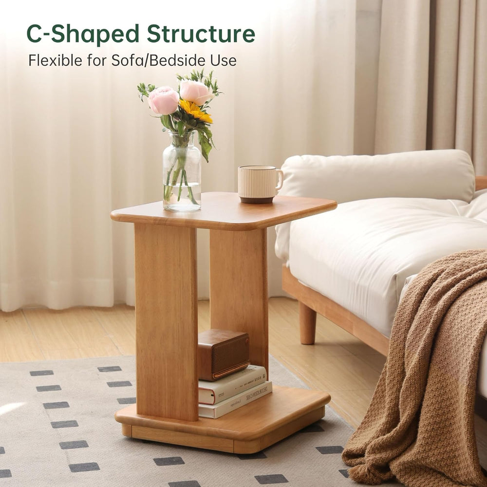 YESWOOD C Shaped End Table, Solid Wood Side Table, Small Rolling Side Table w...