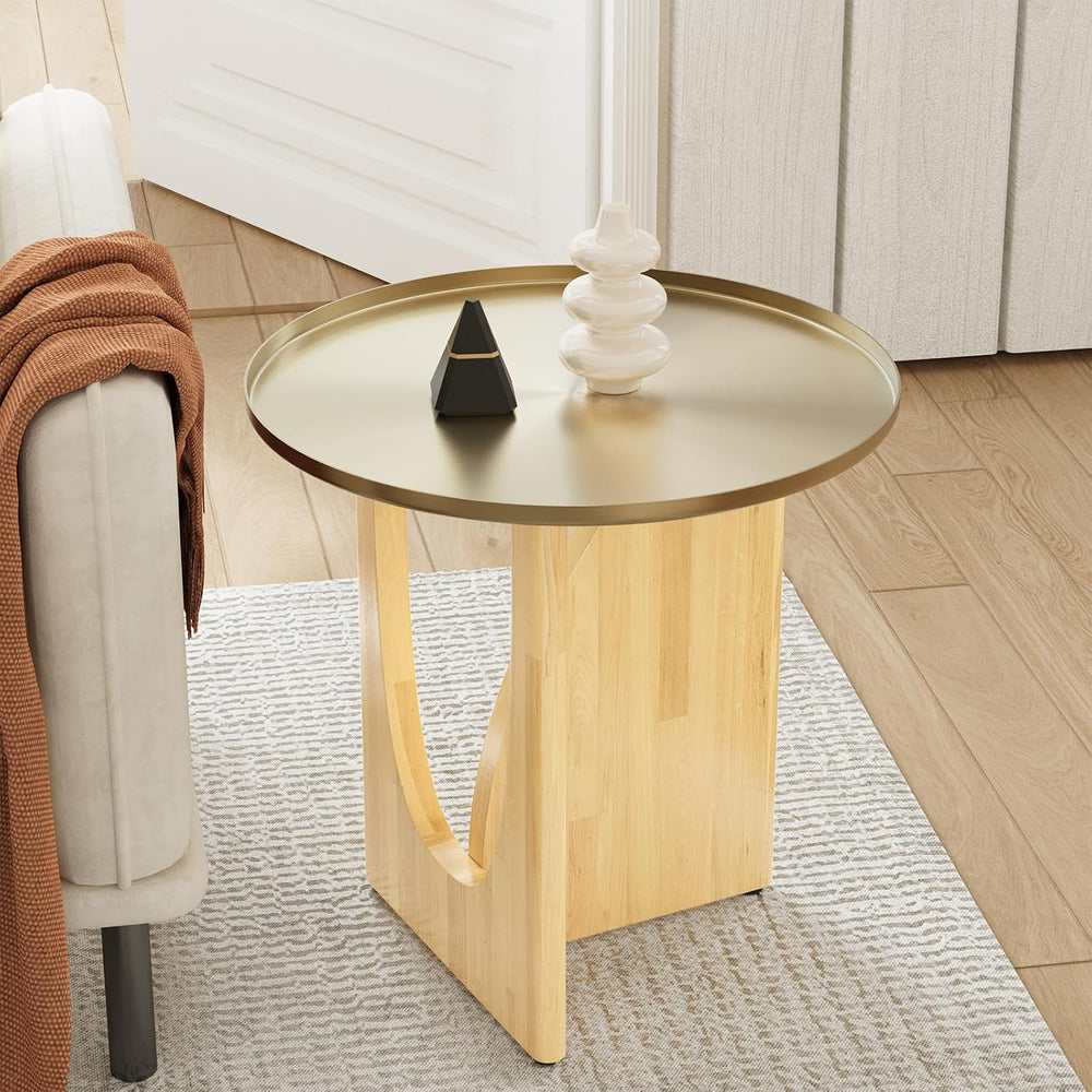 Farmhouse Rubberwood End Table, Beige Rustic End Table with Stainless Steel T...