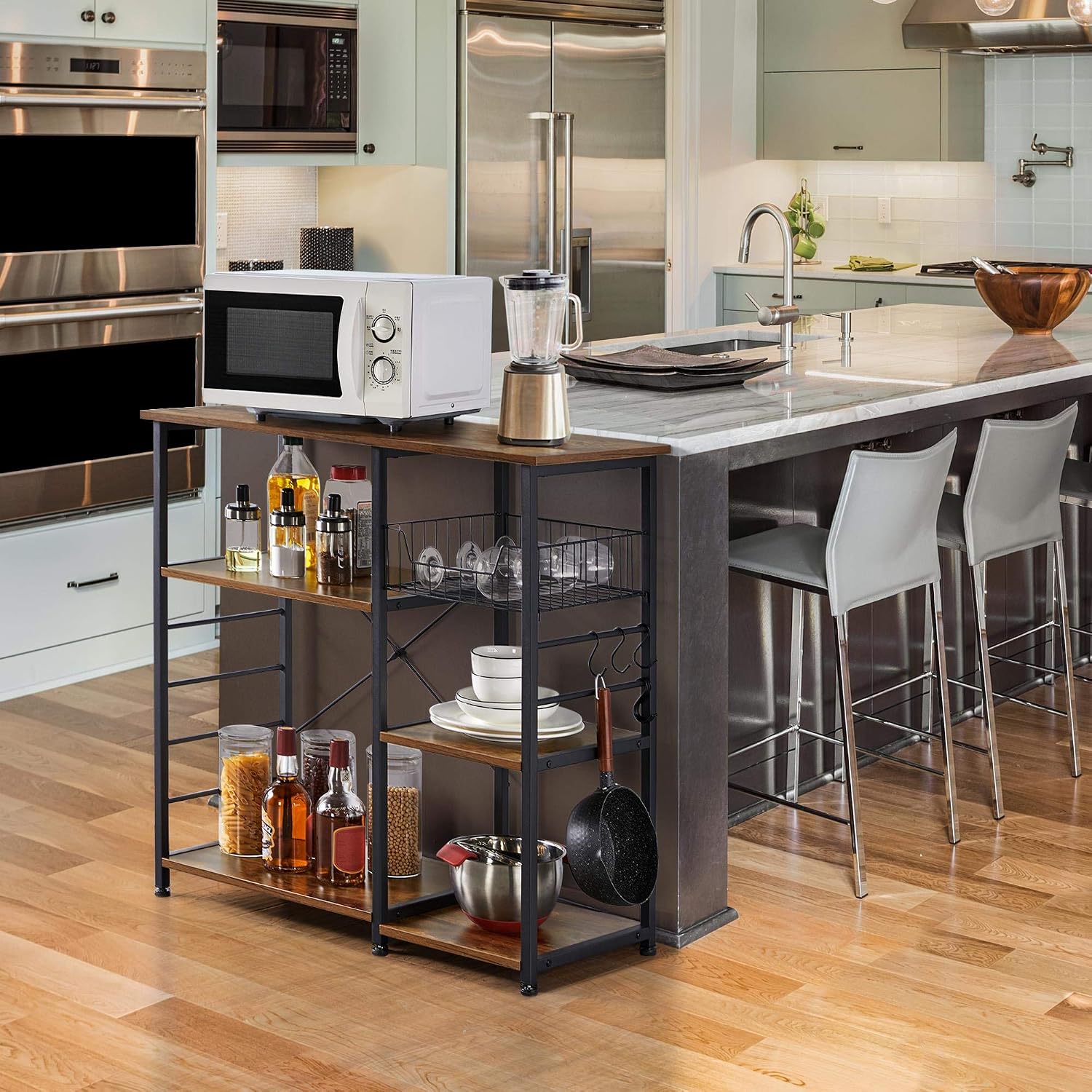 Topeakmart Metal Frame Baker's Rack with Wire Basket,Rustic Brown | Engineered wood shelves with side hooks,Microwave Stand for kitchens,dining rooms,Coffee Bar,and offices