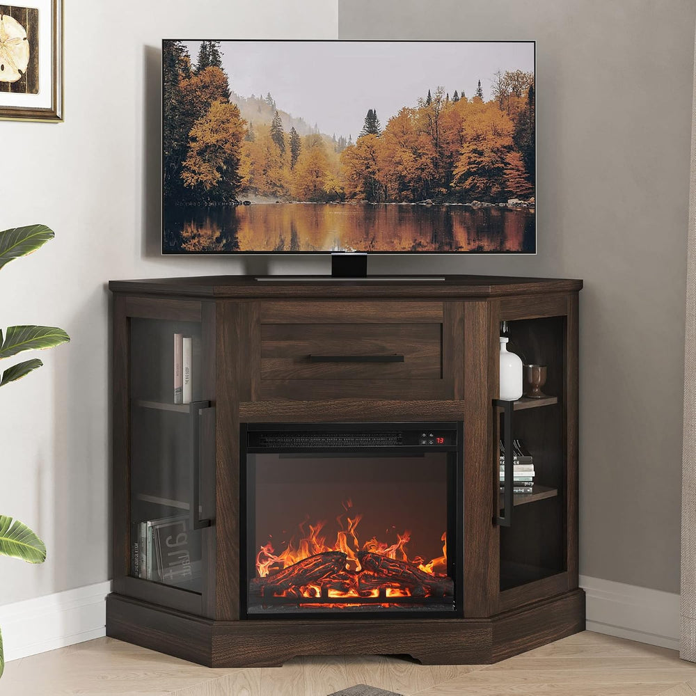 BELLEZE 43" Corner TV Stand with 18" Electric Fireplace Heater for ...