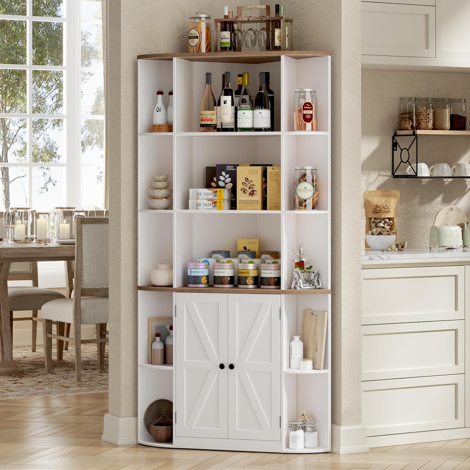Halitaa Corner Storage Cabinet, 67" White Brown Tall Corner Bookshelf | 67'' Farmhouse Storage Shelf with Bottom Cabinet and Ajustable Shelf for Study, Living Room and Kitchen, White and Brown