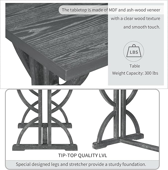 HomSof 6-Piece Retro Rectangular Dining Table Set, Table with Unique Legs and 4 Upholstered Chairs & 1 Bench for Dining Room and Kitchen, Gray Wash