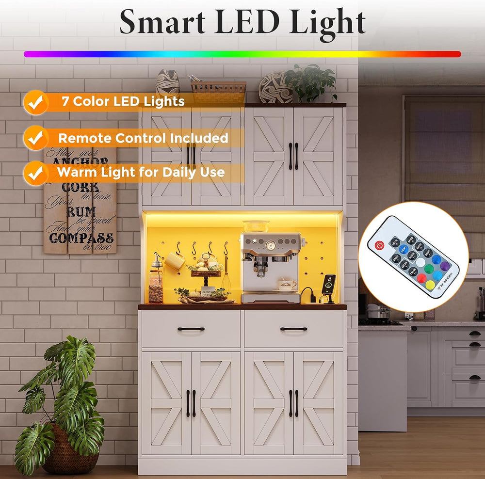 VK·LIVING 71" Kitchen Pantry Cabinet with LED Light & Charging Stati...