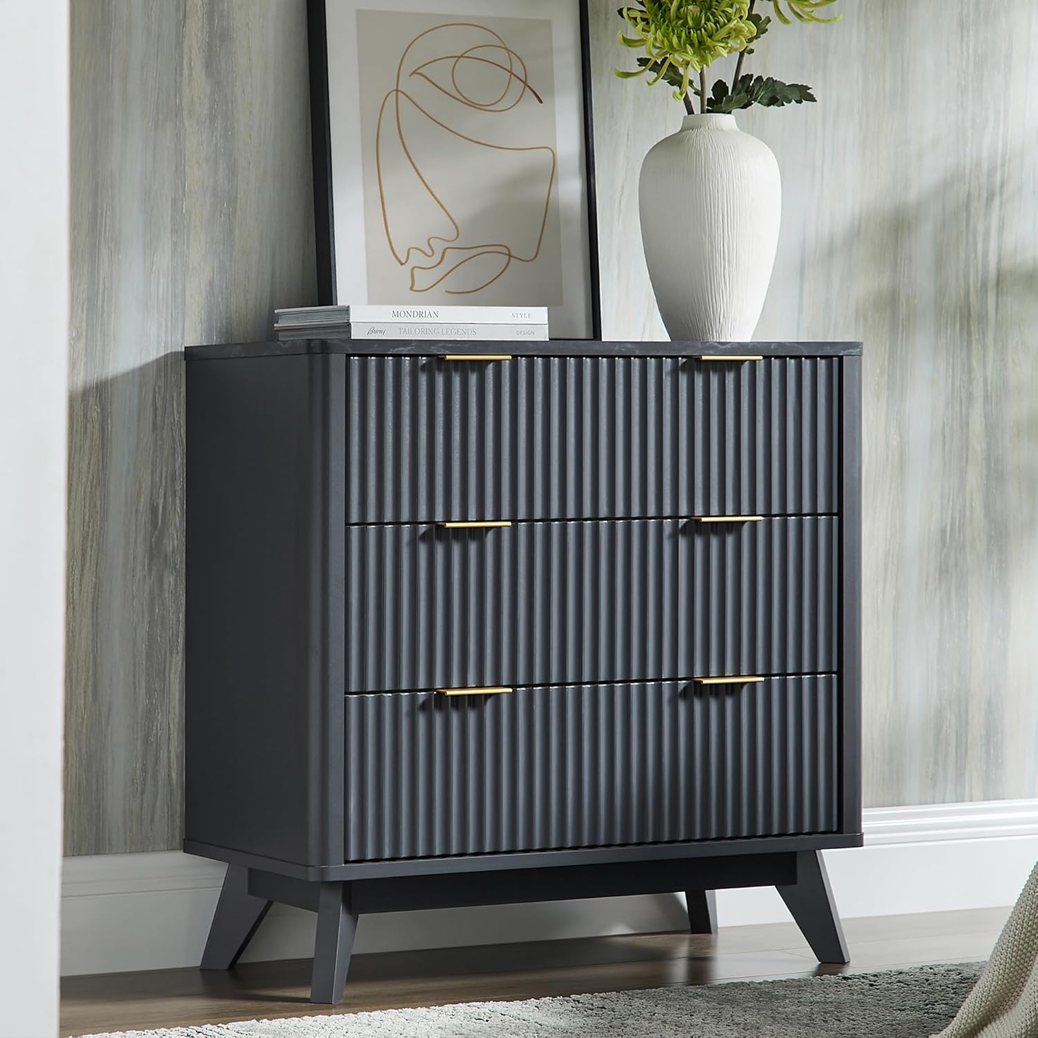 T4TREAM Fluted 3 Drawers Nightstand, Oversized Extra Large Modern Side Table with Faux Marble Top, End Table Bedside for Bedroom, Living Room, Curved Profile Design, Dark Grey