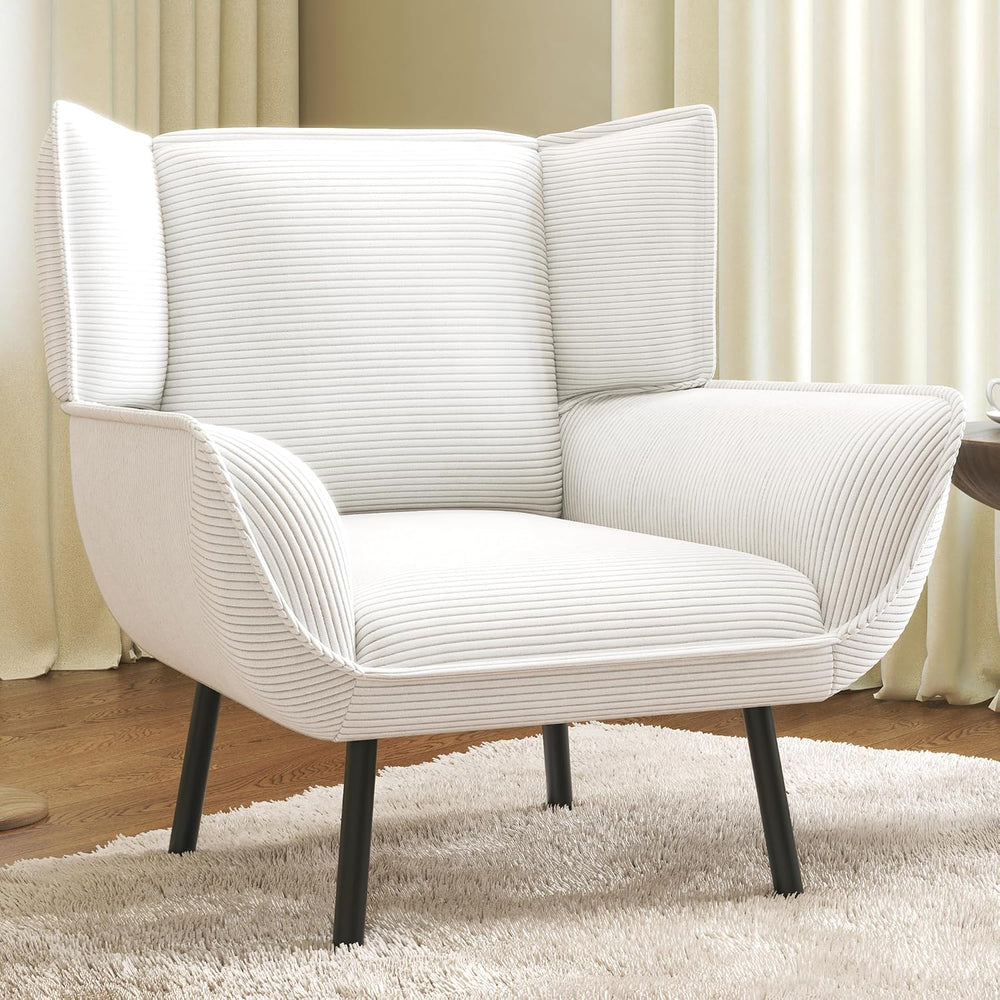 Corduroy Wingback Accent Chair, High Back Armchair with Deep Seat, White