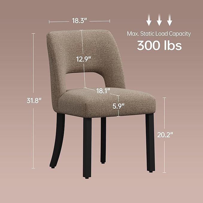 keoni Wooden Dining Chairs Set of 4, Mid Century Modern Upholstered Dining Room Chairs with Black Wood Legs, Fabric Farmhouse Kitchen Chairs with Foot Pegs for Dining Room, Brown