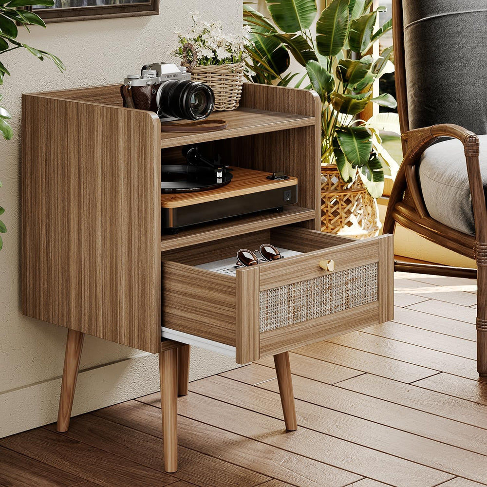 MECHYIN Night Stand Set 2, Nightstands Set of 2 with Charging Station, Rattan...