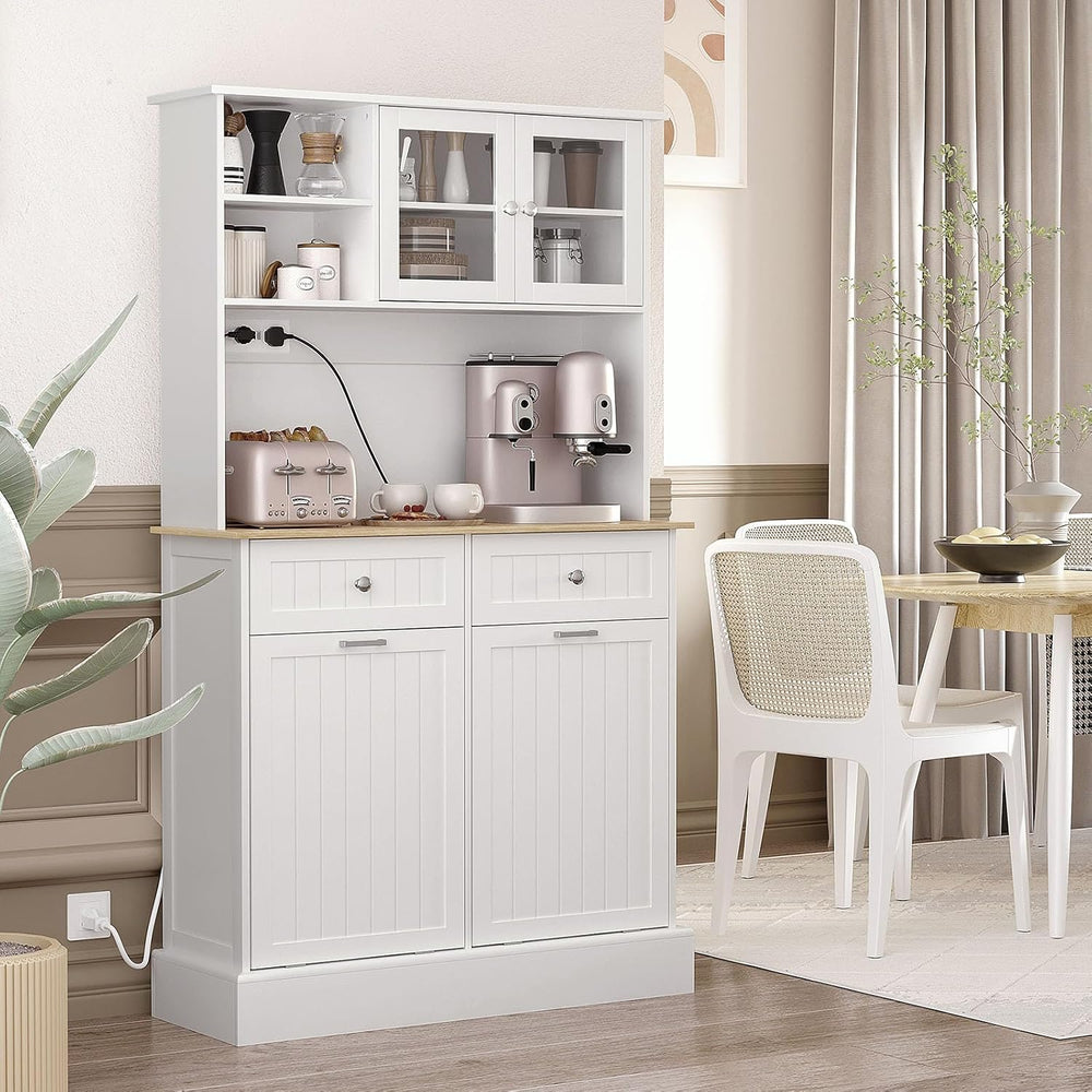 Pantry Storage Cabinet with Charging Station, 2 Tilt Out Trash Cabinets and M...