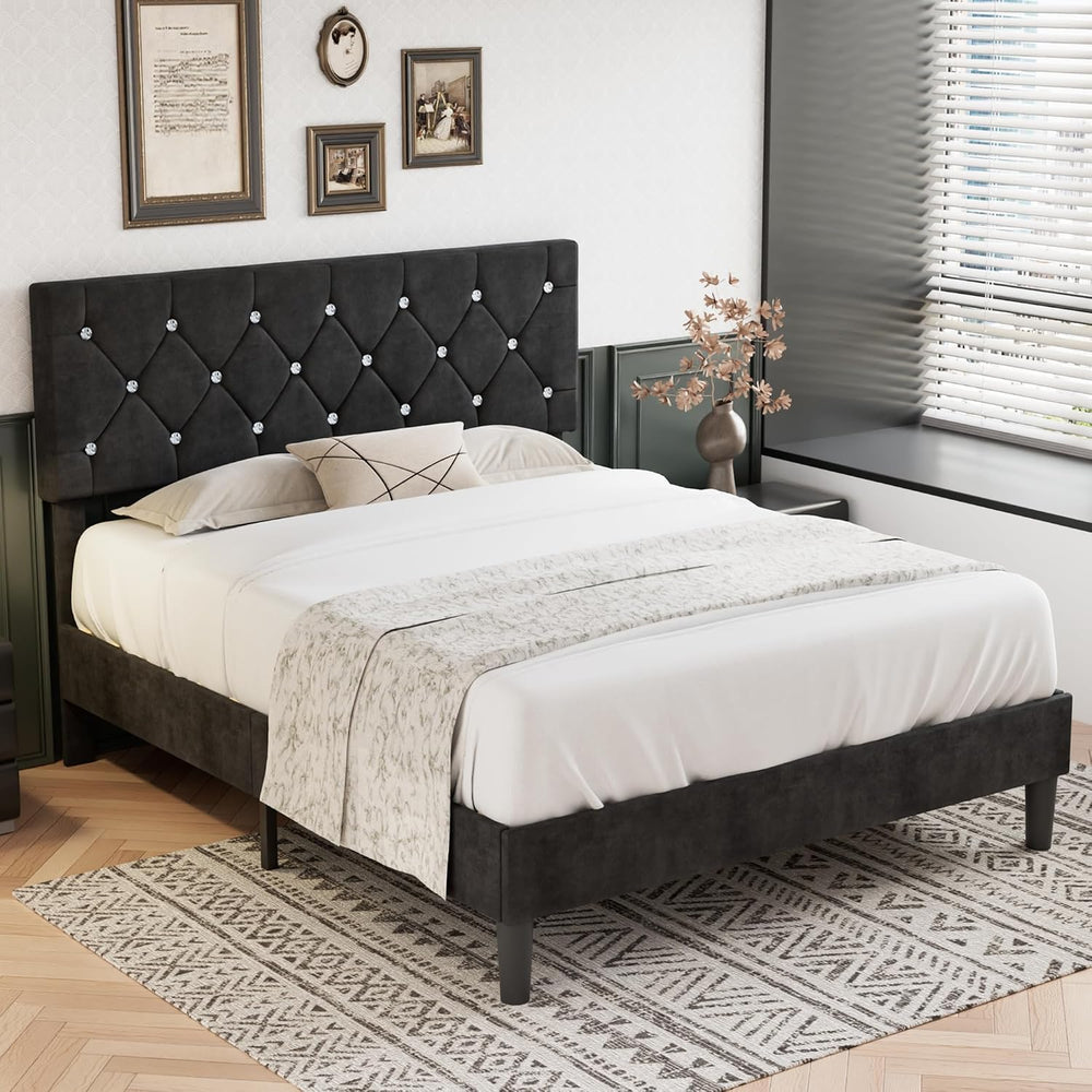VECELO Queen Size Bed Frame, Upholstered Platform with Adjustable Diamond Tuf...