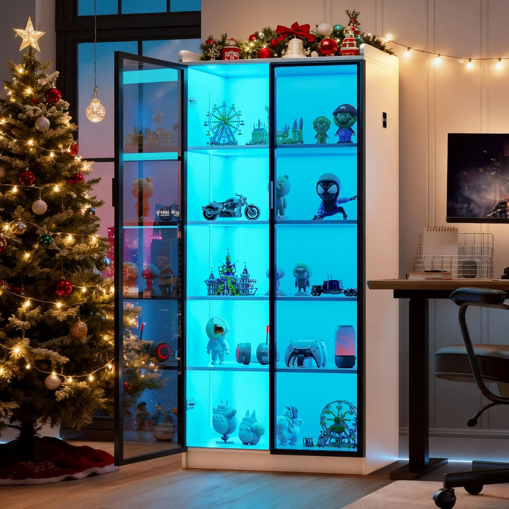 Lvifur 65" LED Display Cabinet with Lights for Living Room, 5 Tier Bookcase with Adjustable Shelves for Office, Tall Storage Cabinet with Human Body Induction for Collectibles (White)