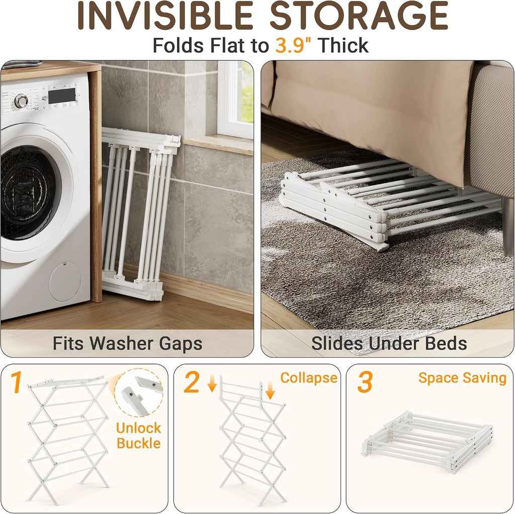 Collapsible Laundry Drying Rack for Small Apartment,35 lbs Carbon Steel with Reinforced Joints, Adjustable Space Saving Indoor Outdoor Rack, No Tools, 17.7"-29" W x 12" D x 35.5" H, White