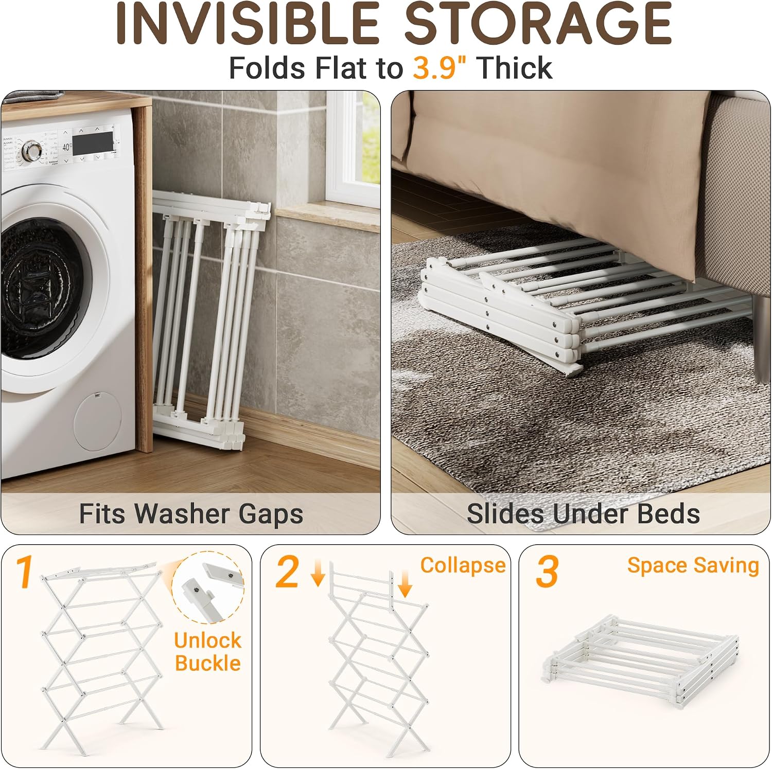 Collapsible Laundry Drying Rack for Small Apartment,35 lbs Carbon Steel with Reinforced Joints, Adjustable Space Saving Indoor Outdoor Rack, No Tools, 17.7"-29" W x 12" D x 35.5" H, White